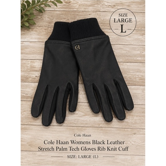 Cole Haan Accessories - Cole Haan Womens Black‎ Leather Stretch Palm Tech Gloves Rib Knit Cuff Large L